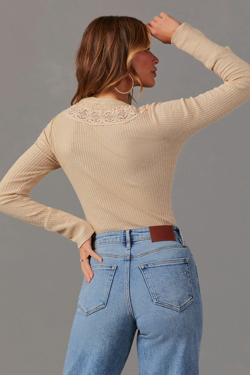 Apricot Lace Patchwork Ribbed Half Buttoned Bodysuit