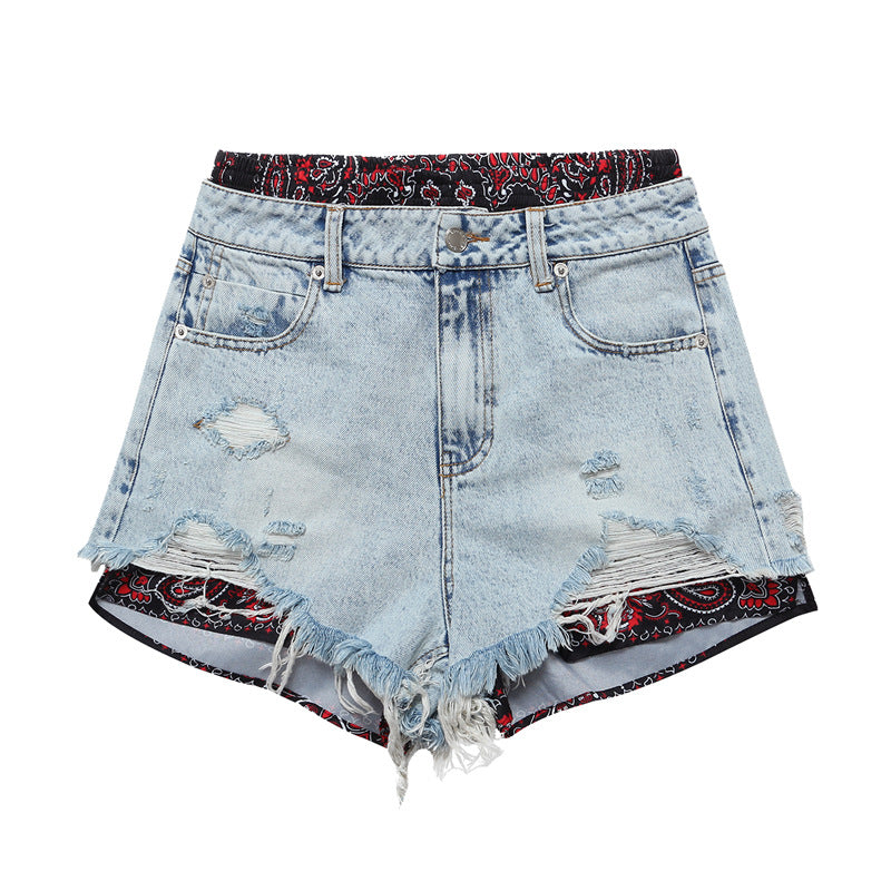 Floral Stitching Denim Casual Faux Two Piece Denim Shorts Pants Women