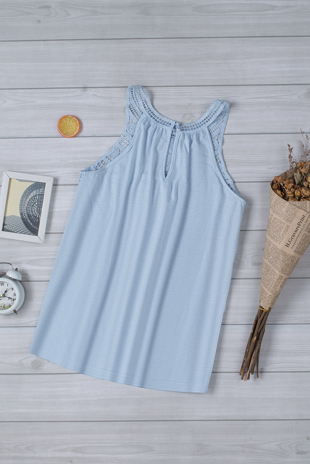 Light Blue Casual Crochet Lace Tank Top