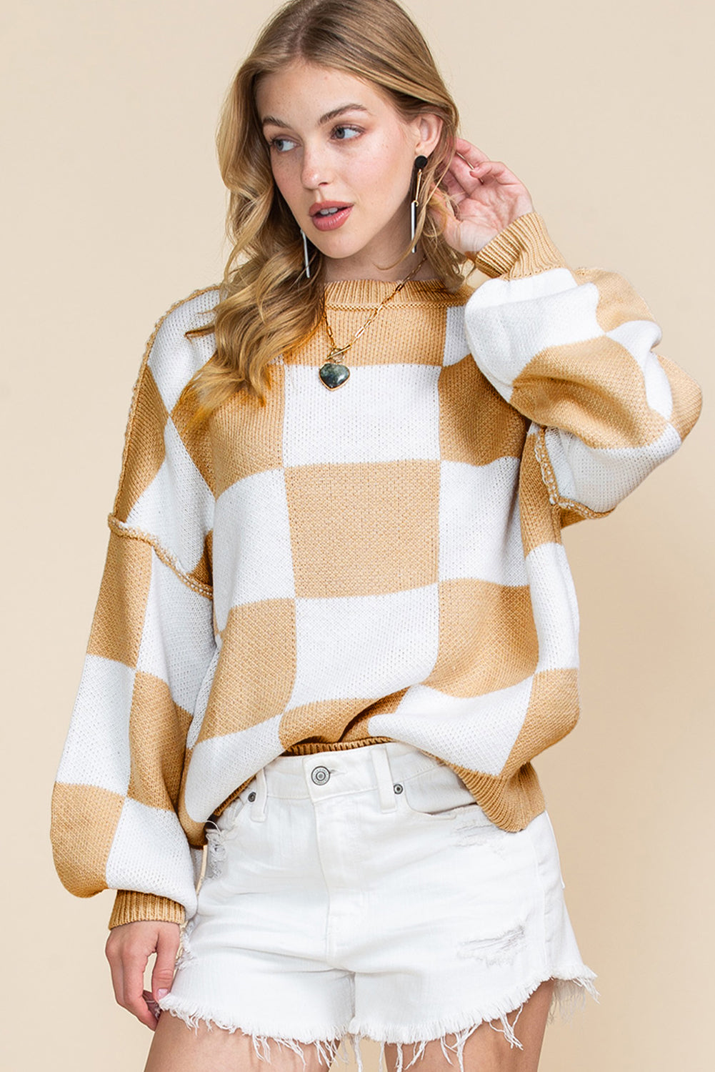 Khaki Plaid Bishop Sleeve Pullover Sweater