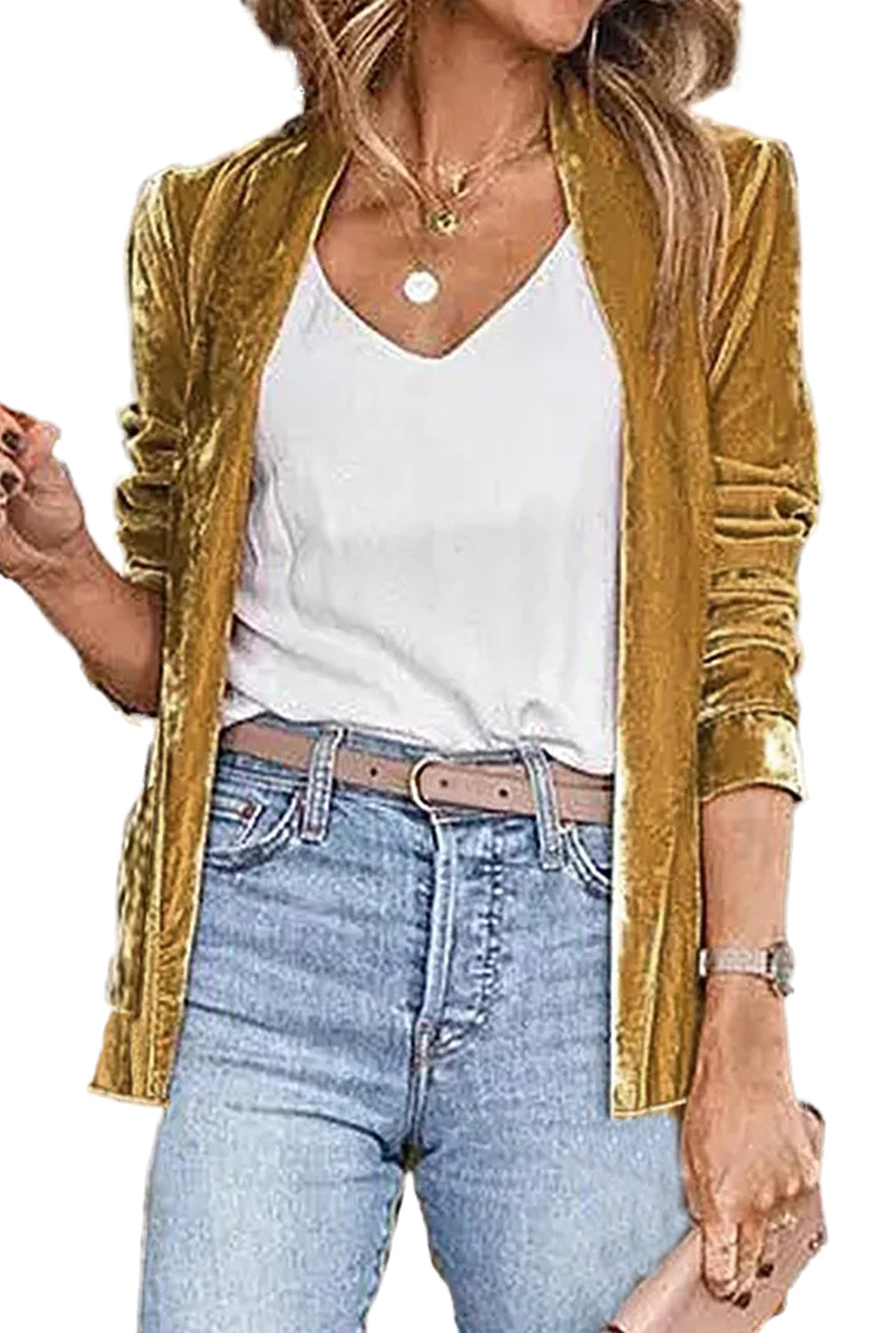 Beige Elegant Velvet Pocket Open Front Blazer