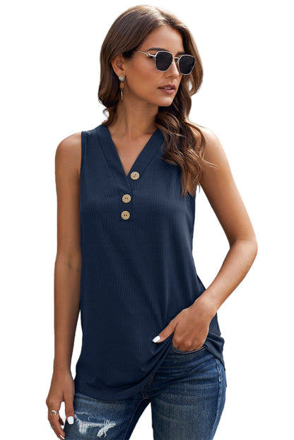 Button V Neck Casual Navy Blue Rib-Knit Tank Top for Women