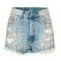 Summer Nightclub Tassel Wide Leg High Waist Heavy Industry Tide Drill Chain Denim Shorts for Women