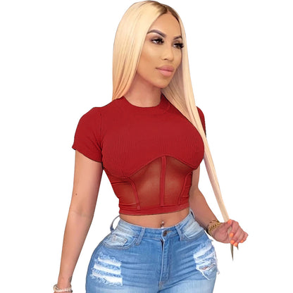 Summer Women Clothing Sexy Hollow Out Cutout Short Sleeved Slim Fit Tops T shirt