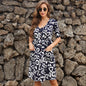 Autumn Chiffon Printed V-neck Mid-Sleeve Pocket Slim Fit Inner Wear Short Dress