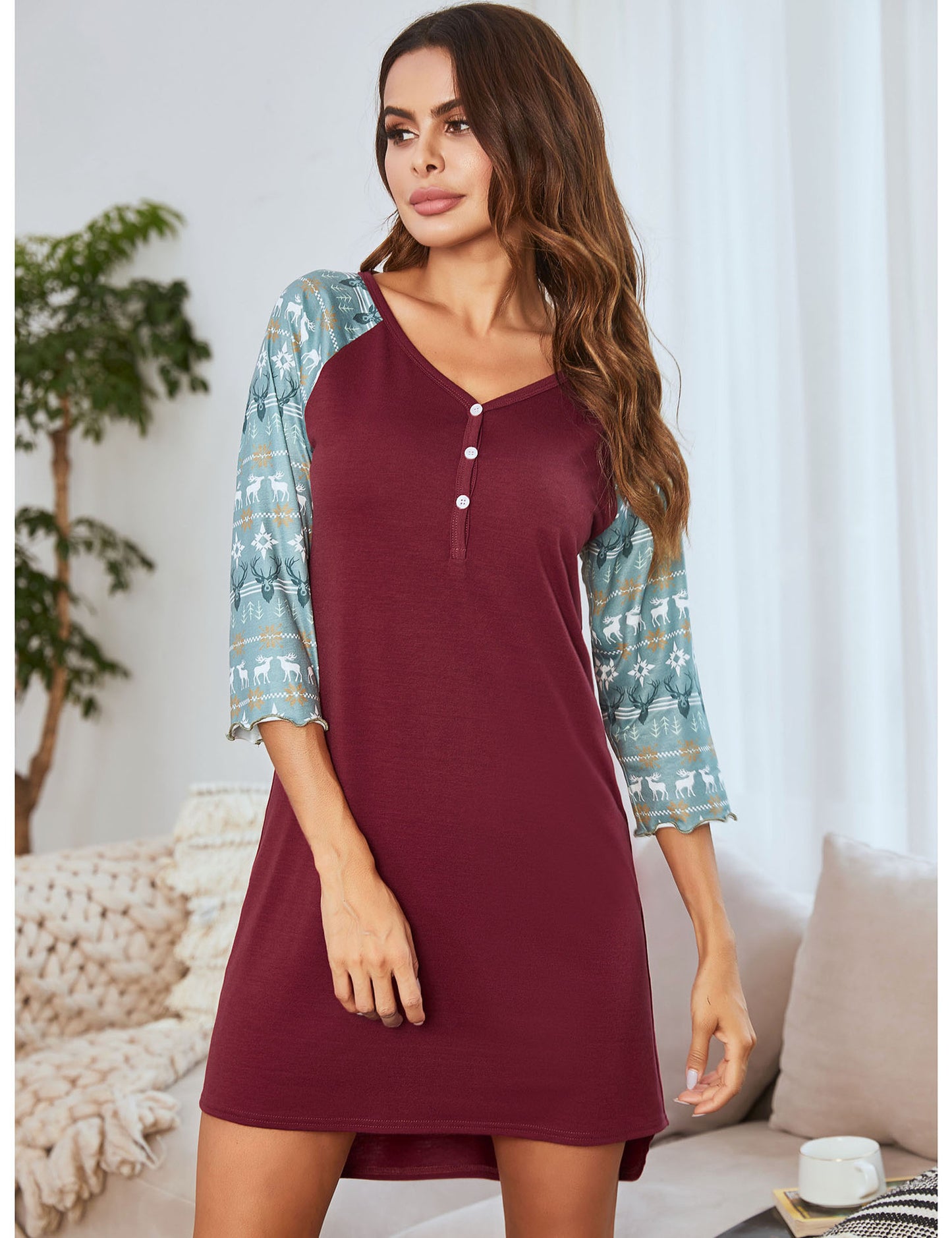 Autumn Winter Color Contrast Patchwork Nightdress Women Slim-Fit Home Wear V-neck Long Sleeve Christmas Nightdress