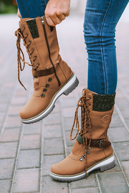 Coffee Round Toe Lace Up Zipper Casual Boots