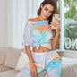 Spring Summer Ladies Home Wear Short Sleeved Top Cropped Pants Two Piece Tie Dyed Gradient Printing Pajamas Women