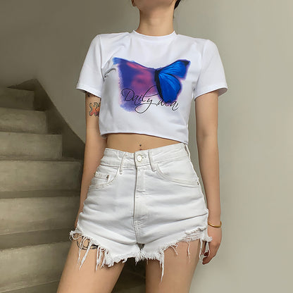 T shirt Women Summer Butterfly Print Slim Fit Slimming round Neck Cropped Top