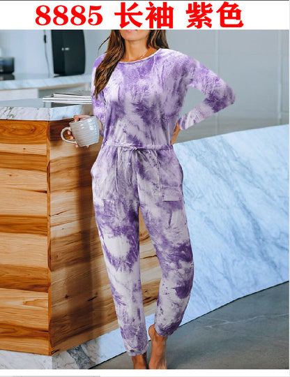 Tie-Dyed One-Piece Pajamas Women Summer Loose Short Sleeve round Neck Ladies Homewear