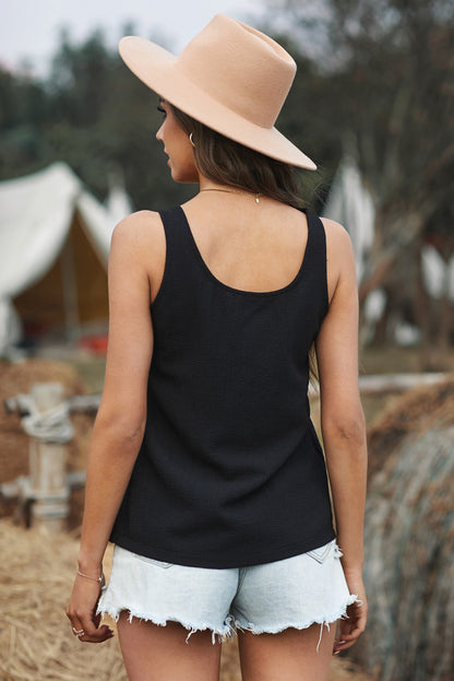 Black Casual Button Textured Cotton Tank Top