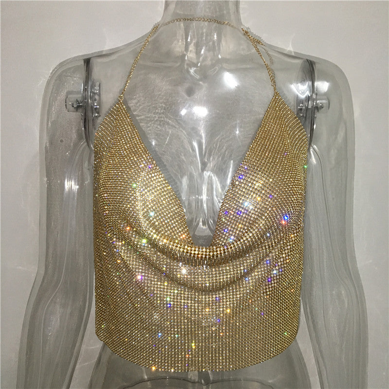 Women Clothing Rhinestone Rhinestone Vest Sexy Party Nightclub Sexy Suit Rhinestone Top Sling