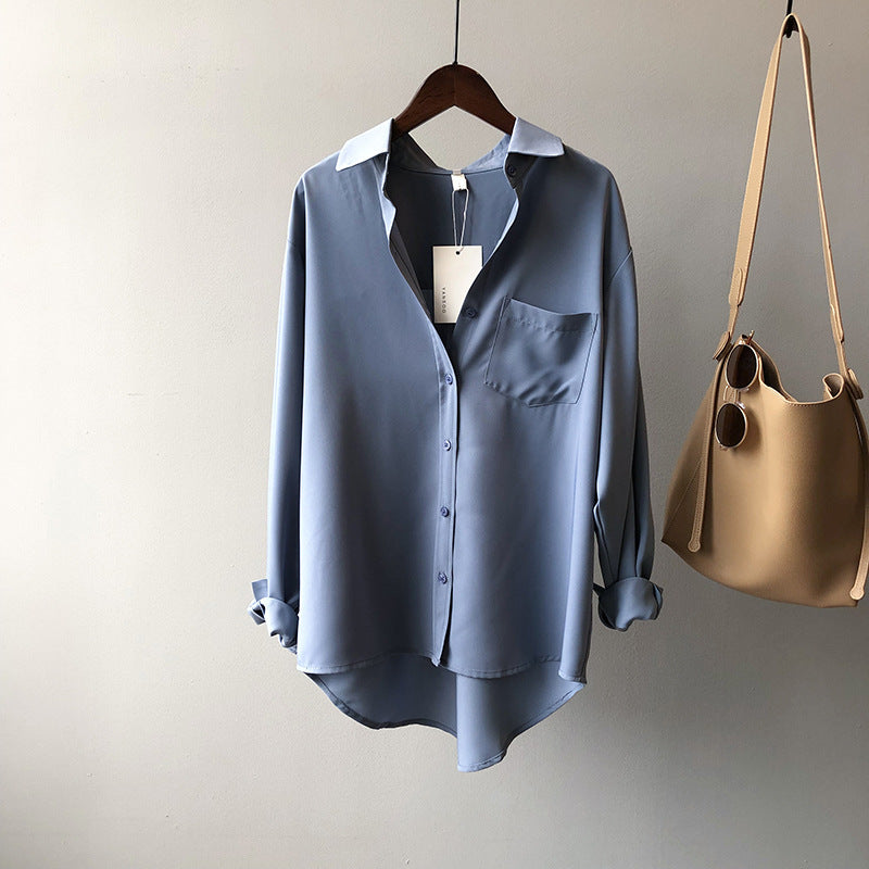 Shirt for Women Spring Korean Chic Solid Color Simple Long Sleeve Collared Shirt for Women