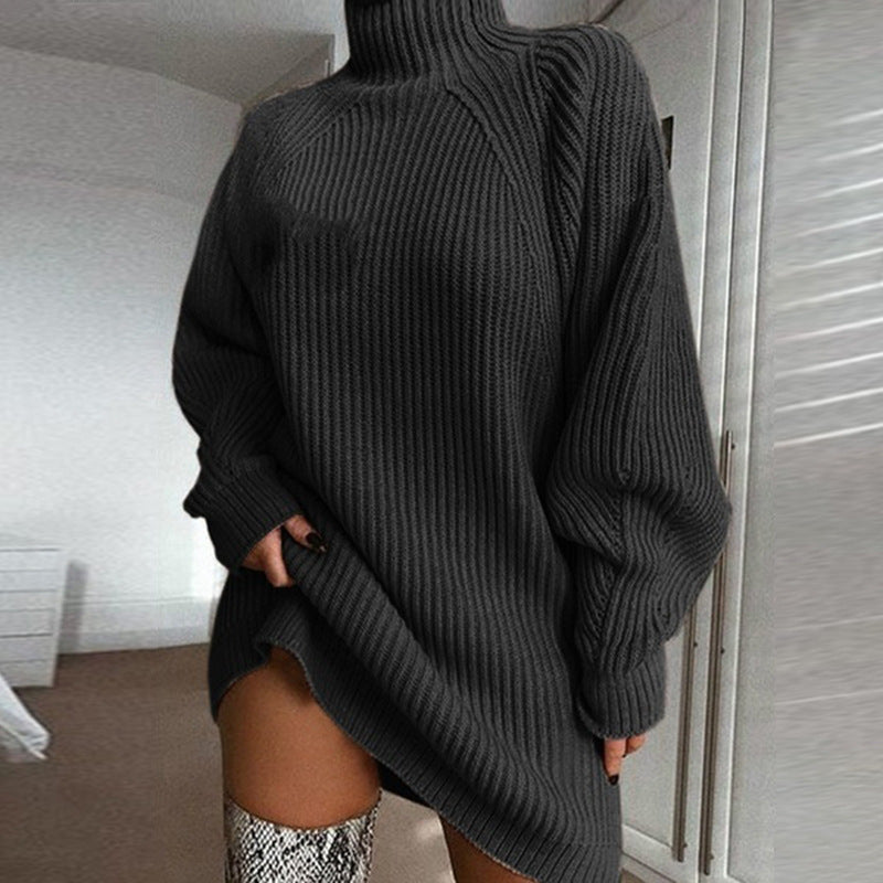 Autumn Winter Popular Knitwear Mid-Length Raglan Sleeve Mock Neck Sweater Dress