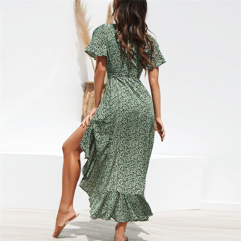 Spring Sexy V Neck Irregular Asymmetric High Waist Lacing Chiffon Printed Dress