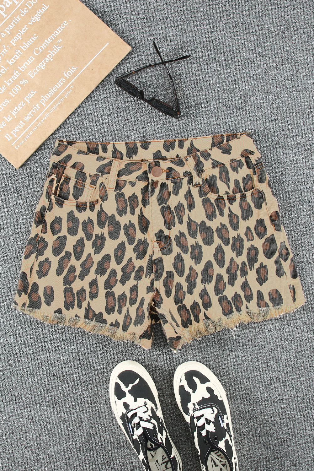 Leopard Frayed Hemline Mid Waist Jean Shorts