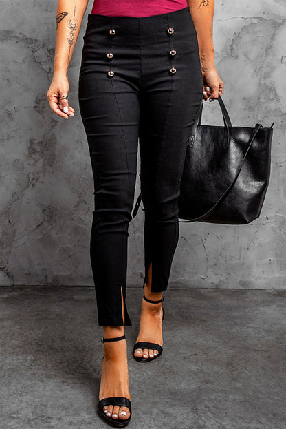 Black Casual Buttons Slit Skinny Pants