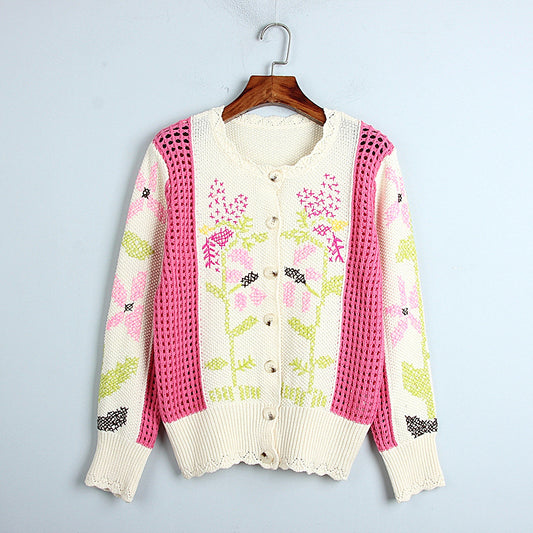 Single Breasted Embroidered Sweater Cardigan Spring Autumn Winter Retro Crew Neck Hollow Out Cutout Out Spliced Knitwear