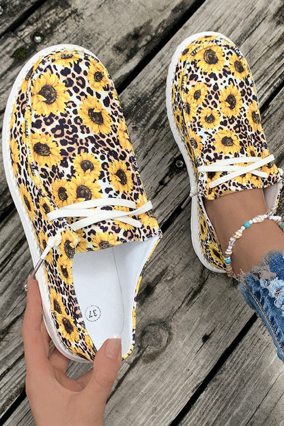 Yellow Sunflower Leopard Print Lace-up Decor Canvas Shoes