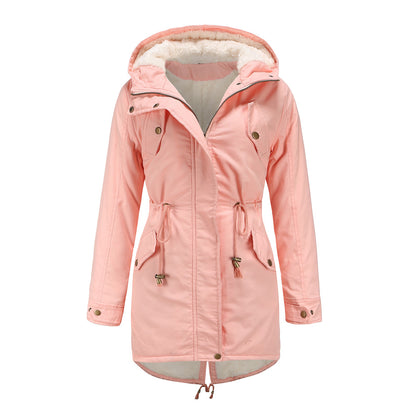 Size Autumn Winter New Women  Cotton-Padded Coat Women Solid Color Hooded Drawstring Cinched Thickening Cotton-Padded Coat Velvet Cotton Clothes