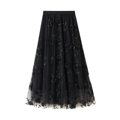 Mesh Embroidery Heavy Work Skirt Plus Size Gauze Skirt Autumn A line Artistic High Waist Long Skirt