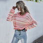 Autumn Winter Round Neck Knitwear Short Striped Contrast Color Sweater Women Pullover Top