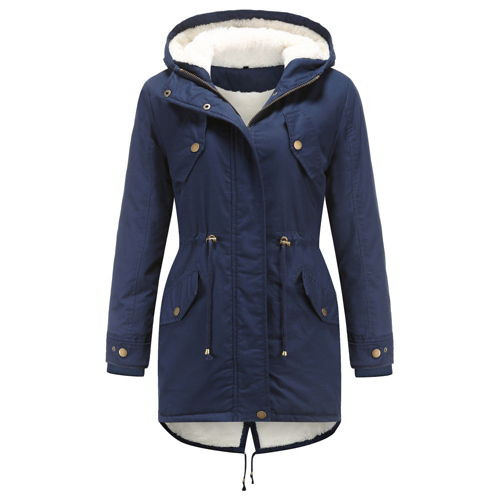 Size Autumn Winter New Women  Cotton-Padded Coat Women Solid Color Hooded Drawstring Cinched Thickening Cotton-Padded Coat Velvet Cotton Clothes