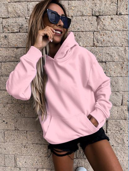 Autumn Winter Long Sleeves Solid Color Pullover Hooded  Top Women Clothing