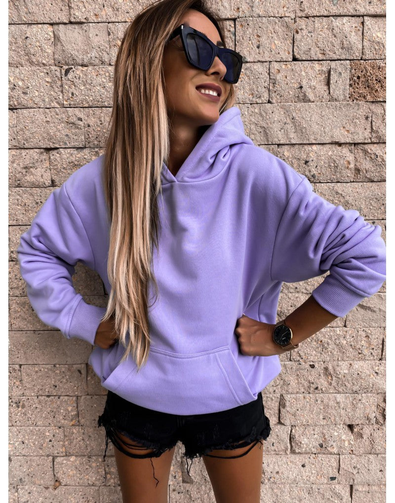 Autumn Winter Long Sleeves Solid Color Pullover Hooded  Top Women Clothing