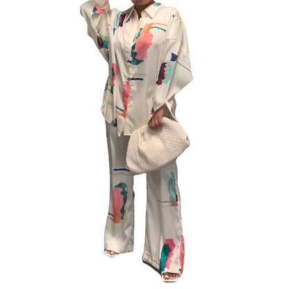 Ladies Homewear Two Piece Long Sleeve Pajamas Wide Leg Pants Printed