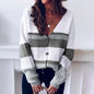 Autumn Winter V-neck Buttons Striped Stitching Sweater Cardigan