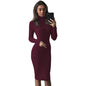 Solid Color Basic Women Clothing Autumn Casual Midi Dress Slim Fit Long Sleeved Turtleneck Dress