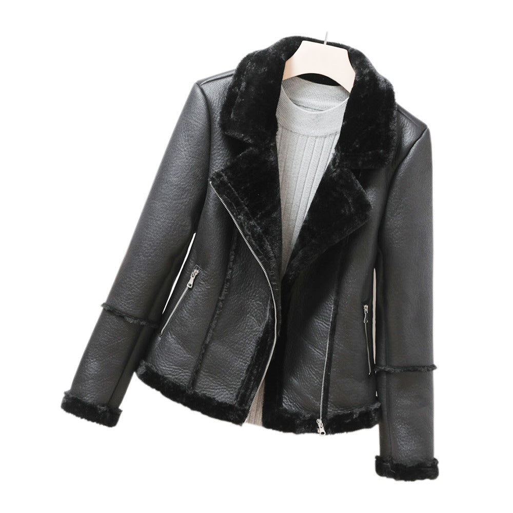 Faux Shearling Jacket Faux Leather Jacket Autumn Winter Ladies Warm Leather Jacket Motorcycle Jacket Women Clothing