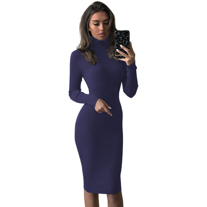 Solid Color Basic Women Clothing Autumn Casual Midi Dress Slim Fit Long Sleeved Turtleneck Dress