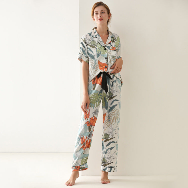 Pajamas Leaf Printed Summer Short Sleeve Imitated Silk Pajamas Lace-up Trousers Cardigan Loose Home Wear