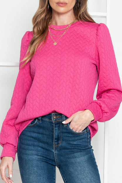 Light Pink Waffle Quilted Puff Sleeve Sweatshirt