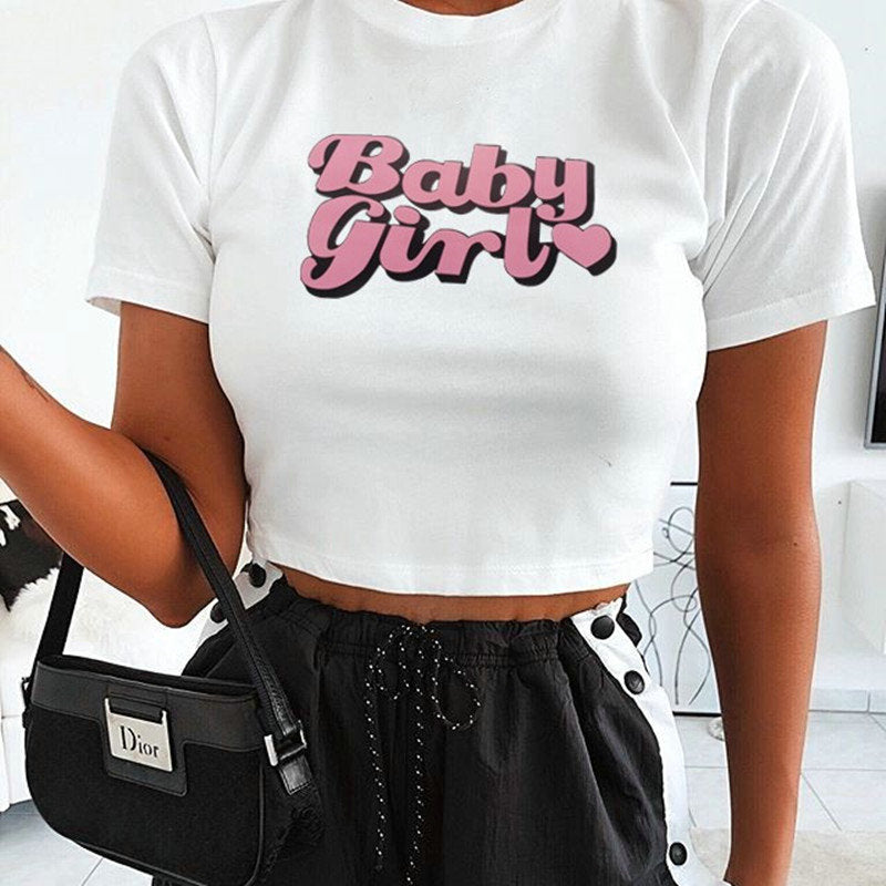 Women Clothing Summer Baby Girl Letter Graphic Print Slim Fit Short Cropped Short Sleeved T shirt