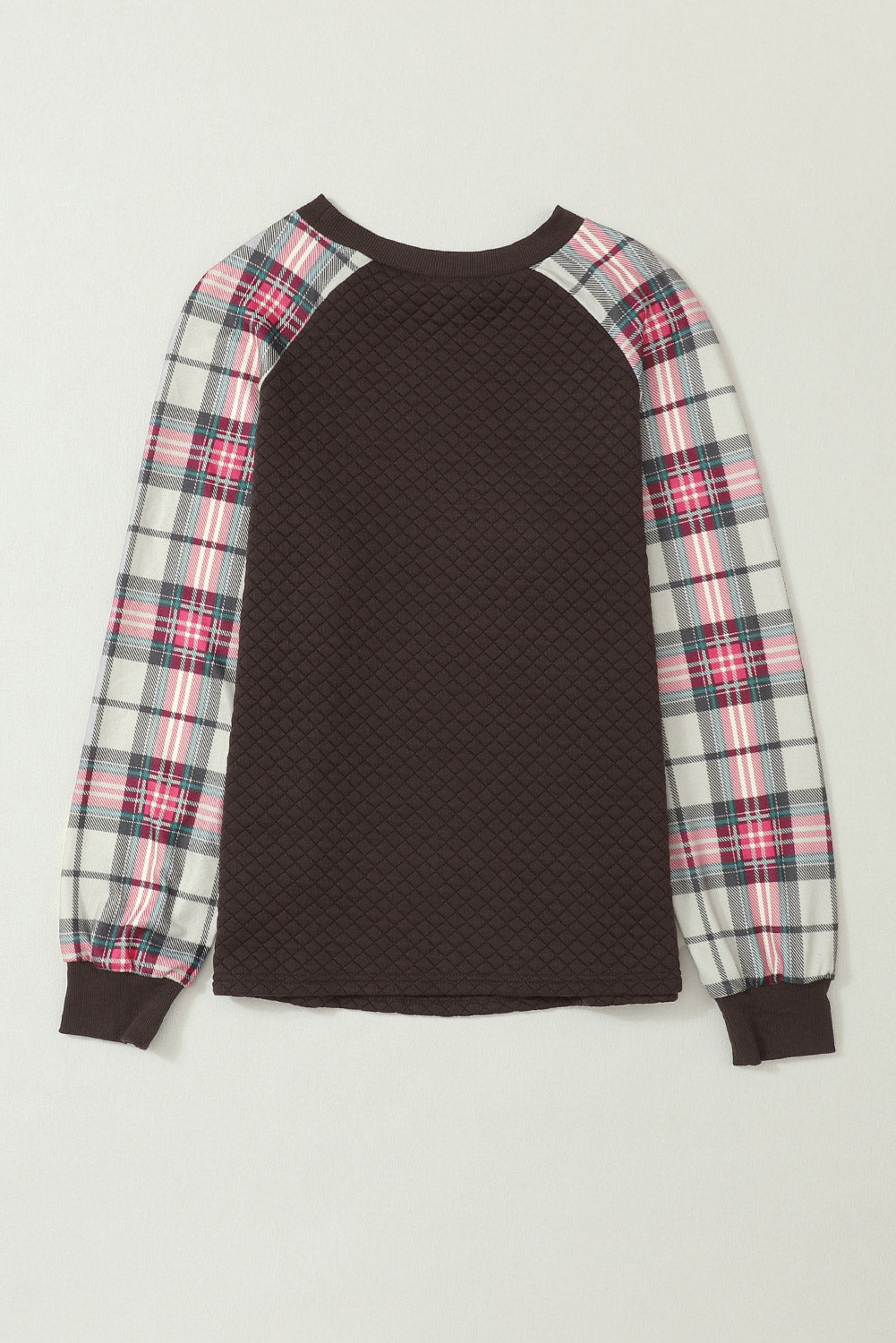 Apricot Plaid Print Quilted Raglan Sleeve Sweatshirt