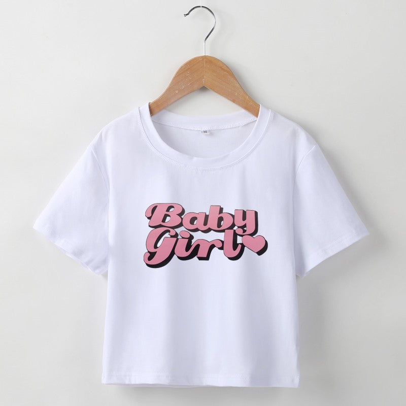 Women Clothing Summer Baby Girl Letter Graphic Print Slim Fit Short Cropped Short Sleeved T shirt