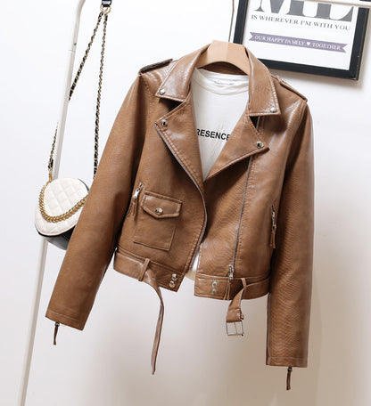 Texture Leather Coat for Women Autumn Polo Collar Belt Faux Leather Jacket Epaulet Short Motorcycle Slim Jacket