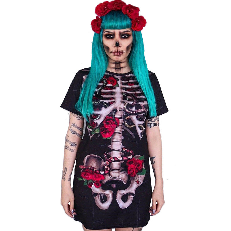 Halloween Costume Skull Spiritual Love Cospaly Performance Wear Printed Dress for Women