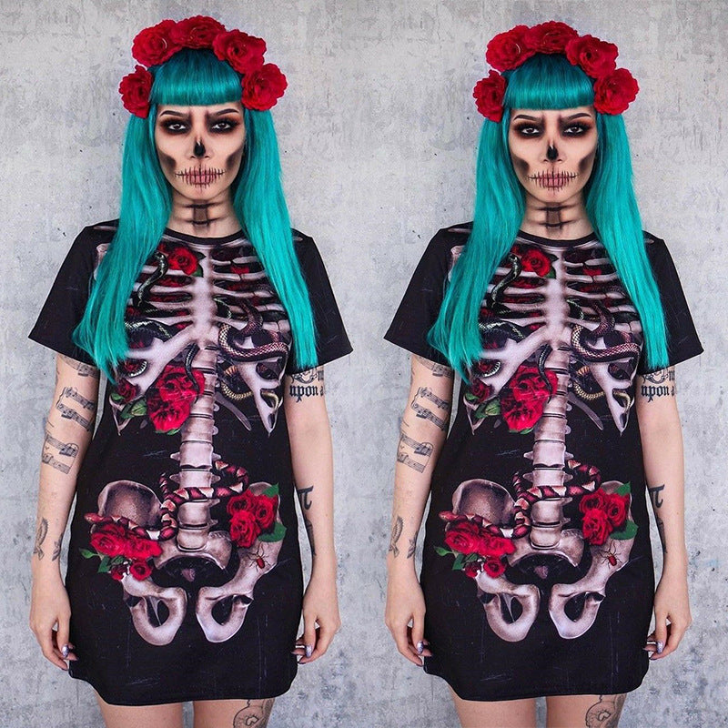 Halloween Costume Skull Spiritual Love Cospaly Performance Wear Printed Dress for Women