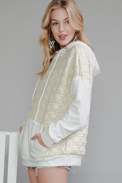 Light Grey Drop Shoulder Kangaroo Pocket Patchwork Quilted Hoodie