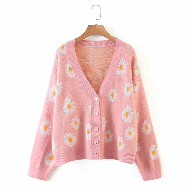 Coat Floral Cardigan Sweater V neck Long Sleeve Sweater Women Autumn Loose Idle