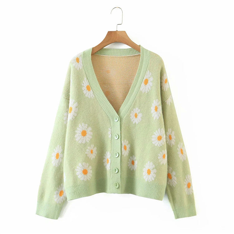 Coat Floral Cardigan Sweater V neck Long Sleeve Sweater Women Autumn Loose Idle