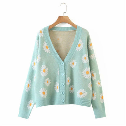 Coat Floral Cardigan Sweater V neck Long Sleeve Sweater Women Autumn Loose Idle