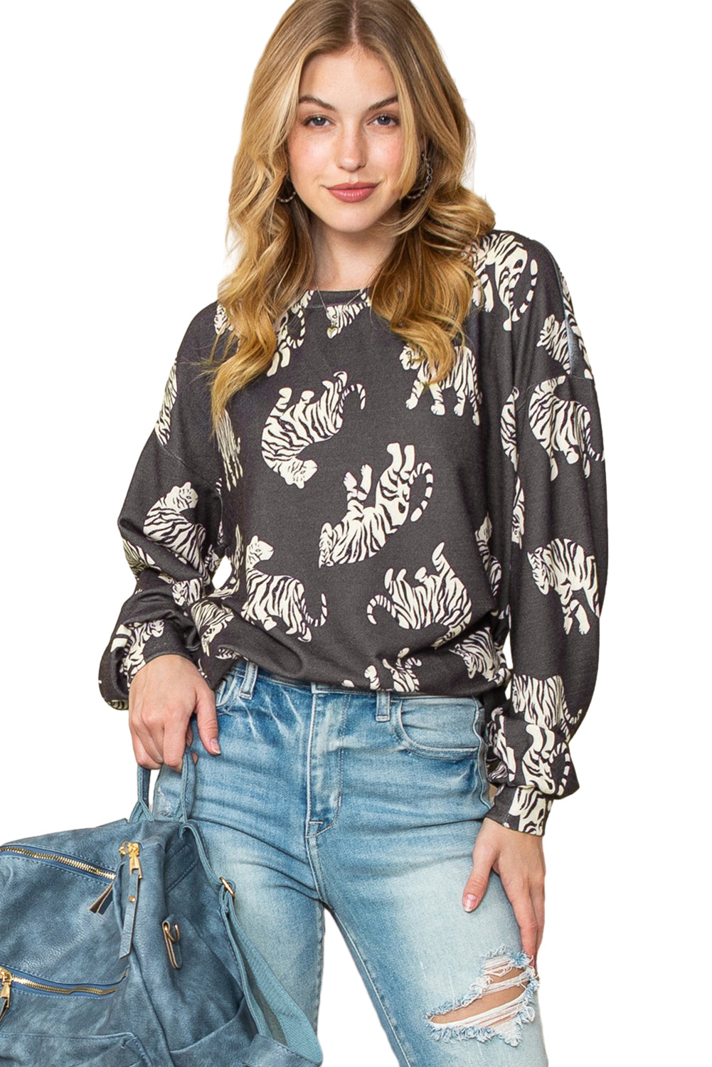 Taupe Animal Print Drop Sleeve Pullover Sweatshirt