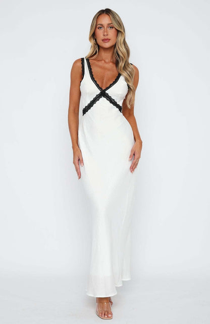 Ethel Satin Contrast Lace Long Dress