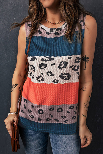 Dark Blue Casual Colorblock Spotted Print Splicing Knit Tank Top