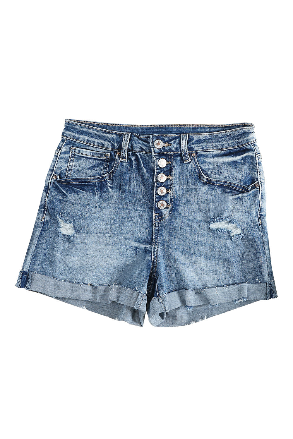 Light Blue Button Fly Distressed High Rise Denim Shorts